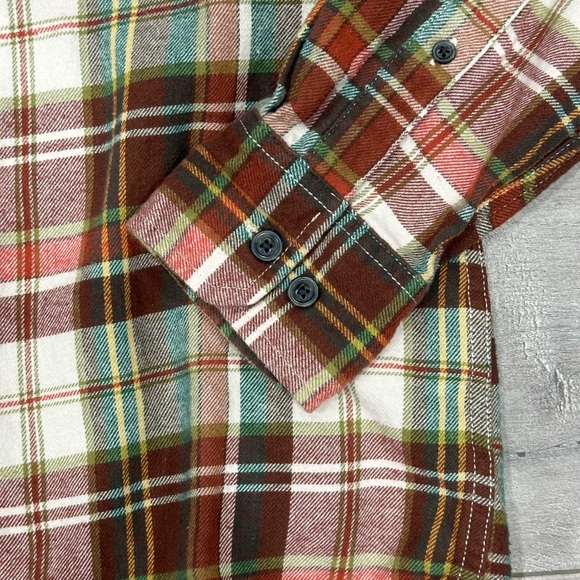 Men's Eddie Bauer Small Soft Flannel Shirt Plaid Orange Green Long Sleeve Pocket - Picture 6 of 10